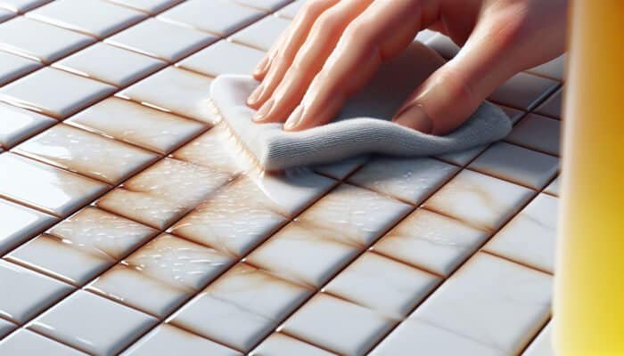 Porcelain tiles affected by hard water stains being cleaned with a cloth soaked in vinegar, restoring their shine.