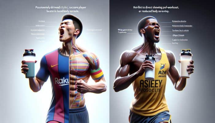 Soccer player and long-distance runner drinking whey protein isolate shakes, demonstrating muscle recovery and reduction in soreness.