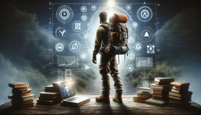 A hiker at a trailhead with guidebooks and a laptop showing high search rankings, symbolising E-E-A-T in content creation.