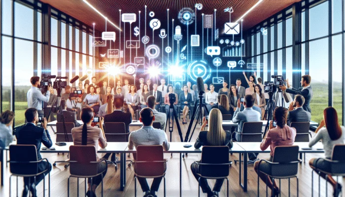 Diverse clients sharing enthusiastic testimonials in a modern office equipped with digital recording tools.