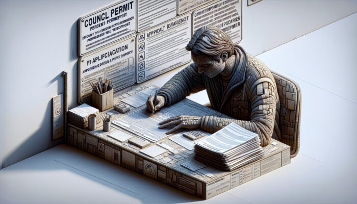 An individual filling out a council permit application form at a desk surrounded by documents and guidelines.