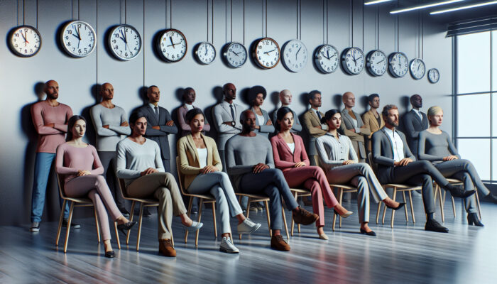 A diverse group of individuals waiting in an office with permit applications, while clocks show various times.