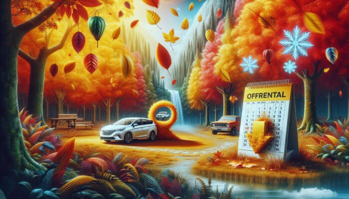 A tranquil autumn landscape with a car rental office, colourful falling leaves, and a calendar showing off-peak seasons.