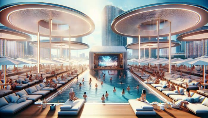 Luxurious pool party featuring stylish cabanas, lounge chairs, TVs, and bottle service amidst a vibrant and exclusive atmosphere.