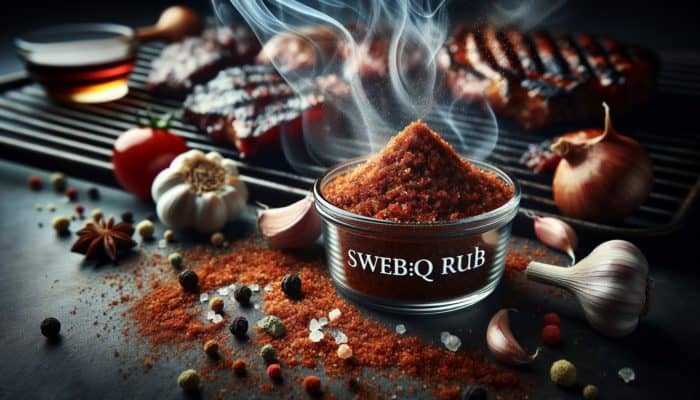 A close-up of sweet BBQ rub with garlic powder, enhancing flavour, beside grilled meats.