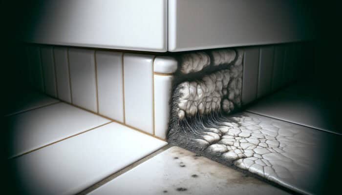 Close-up of kitchen tile grout showing clean and moldy areas, emphasising cleaning importance.