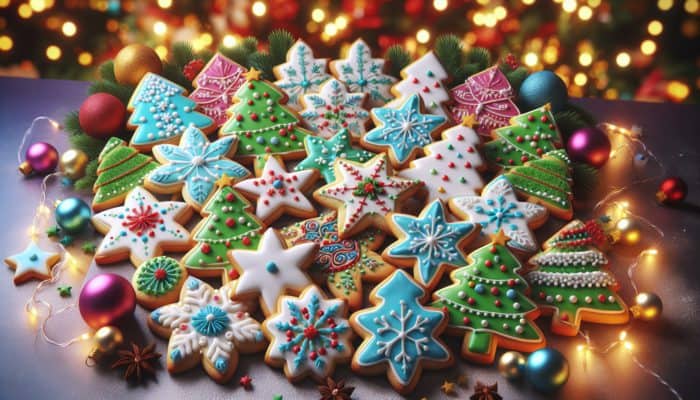 A vibrant display of colourful sugar cookies shaped like stars, trees, and snowflakes, adorned with lively royal icing, set against a holiday table.