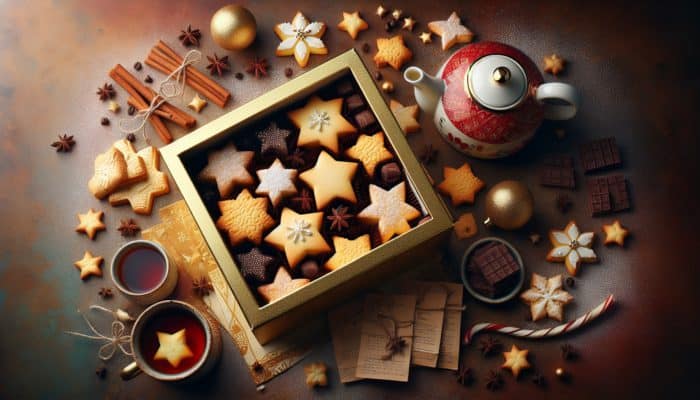 A charming box of golden shortbread stars, some elegantly dipped in chocolate, set alongside a teapot and coffee, creating a festive and inviting atmosphere.