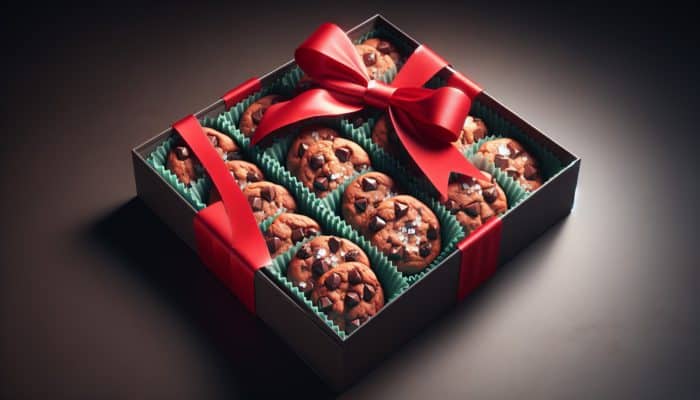 An elegant box filled with double chocolate chip cookies showcasing gooey centres, crispy edges, and sprinkled with sea salt, beautifully tied with a festive red bow.