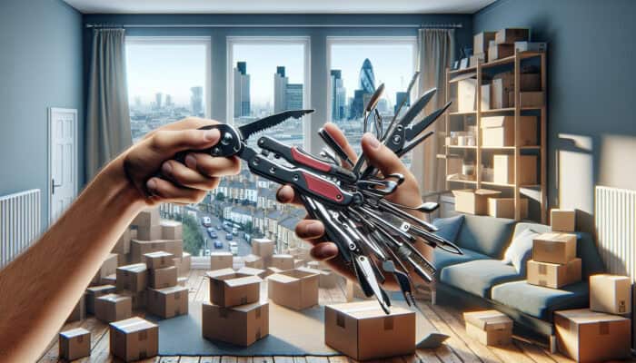 A person using a multi-tool to efficiently clear an apartment in London, showcasing effective house clearance strategies.