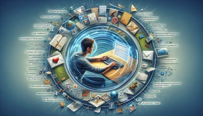 Person crafting personalized email with notes and images, turning it into a vibrant conversation starter.