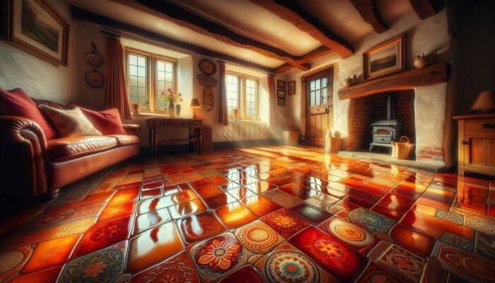 A polished terracotta floor in a UK cottage, reflecting light and enhancing the warm atmosphere.