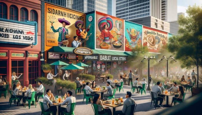 A vibrant outdoor dining scene in downtown Las Vegas with street performers captivating diners at local eateries.