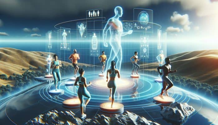 A holographic coach guiding a diverse group through personalized fitness routines in a serene digital landscape.