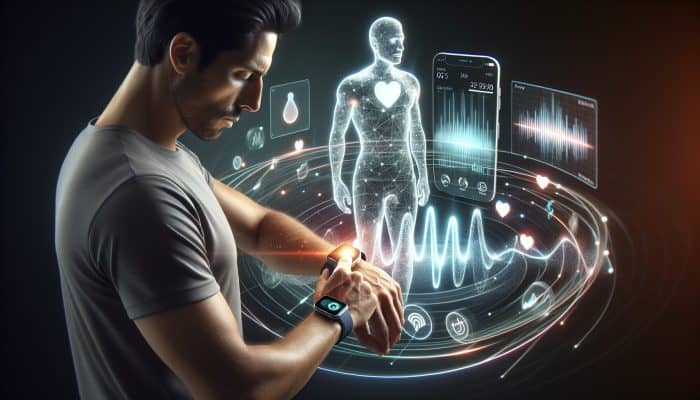 A man using a smartwatch and app to track health, receiving virtual coach feedback and encouragement.