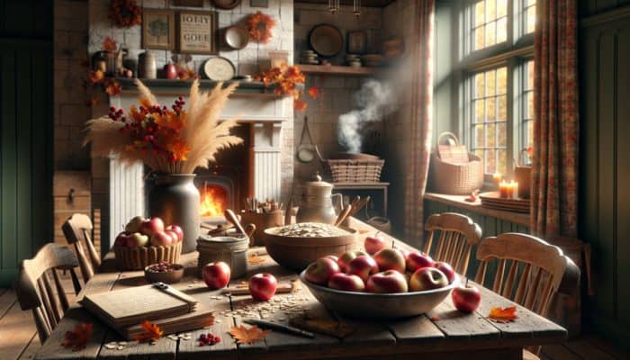 Fresh apples, oats, and smoking wood chips arranged on a wooden table, accompanied by fall leaves and a fireplace in the background.