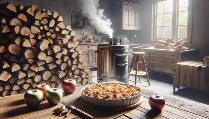 Hickory and applewood logs placed near a smoker, enhancing the flavour of apple crisp with oat topping.