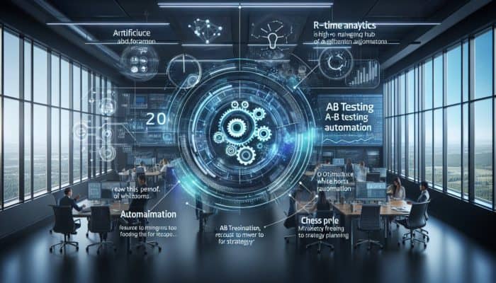 AI-driven marketing hub showcasing real-time analytics, optimising ads and automating tests in a contemporary office environment.