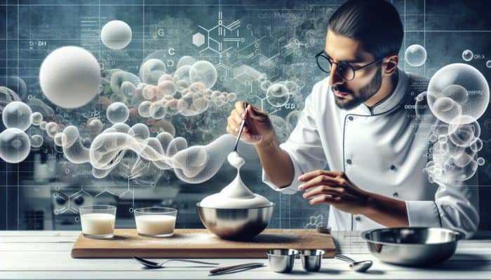 A chef in a fine dining kitchen creates fluffy, voluminous edible foam for a dessert.