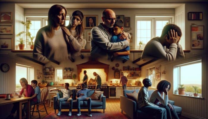 Mental Health and Family Dynamics: Illustration of a UK nuclear family showing emotional bonds, isolation, and mental health dynamics.