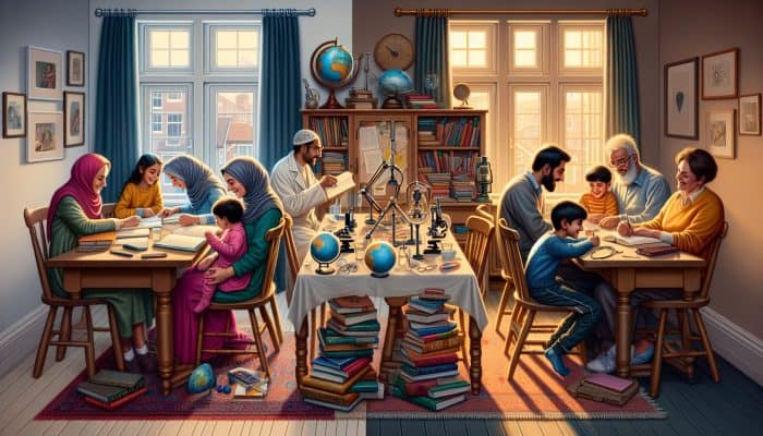 A split scene of UK families: one with higher education in a supportive home, the other struggling with limited resources.