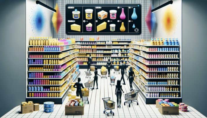 Diverse ghee brands on shelves in ethnic grocery store, shoppers comparing labels, online shopping interface visible.