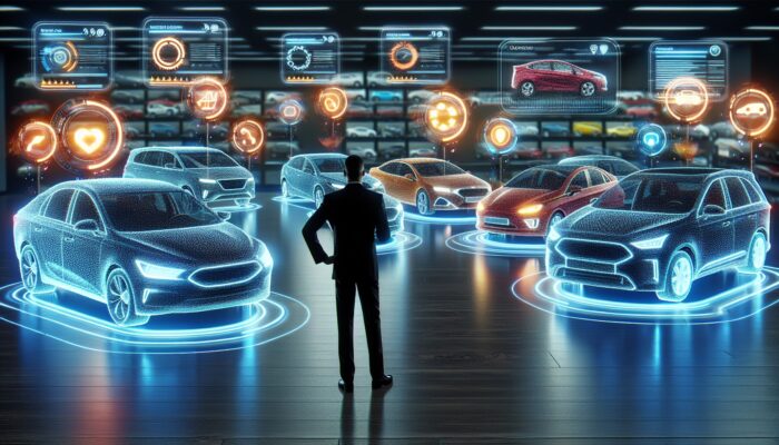 A person selecting a car from a rental fleet, guided by holographic user reviews in a modern agency.