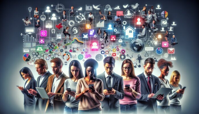 A diverse group analysing rental service feedback from websites and social media, using devices and viewing data visualizations.