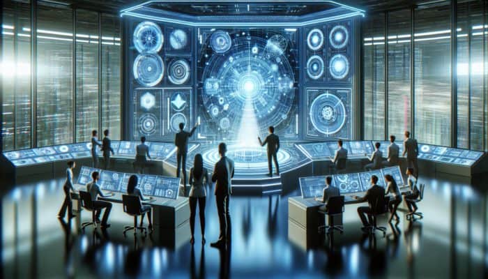 A futuristic digital interface with graphs and data, AI experts optimizing search algorithms holographically.