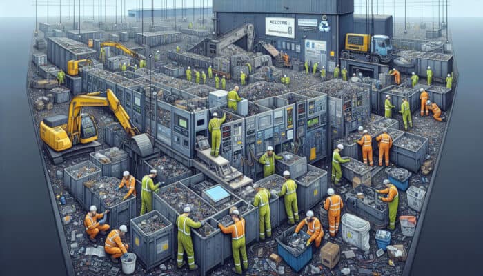 Cost of Clearing Electronics in the UK: Workers in the UK sorting electronic devices, separating toxic materials and recovering precious metals for reuse, promoting environmental responsibility.
