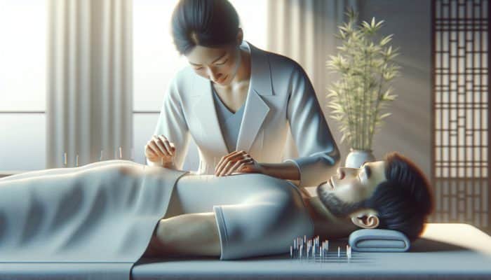 A serene acupuncture session for knee pain relief, with needles along energy meridians in a tranquil setting.