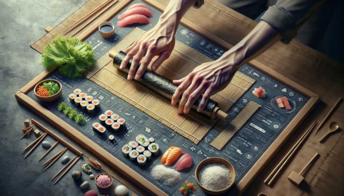 Hands rolling sushi on a high-quality bamboo mat, with ingredients nearby.