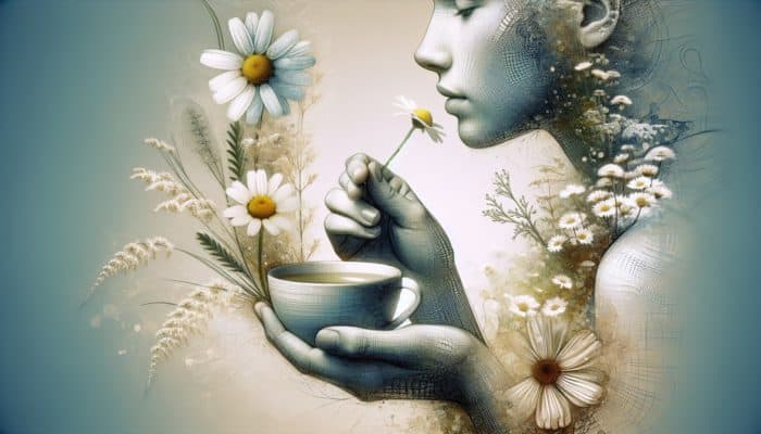 A person sipping chamomile tea, surrounded by calming herbs, starting an herbal journey cautiously.