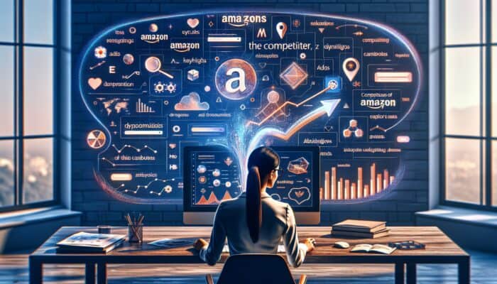 Analyst using digital tool to analyze competitor's Amazon ad campaigns on screen.