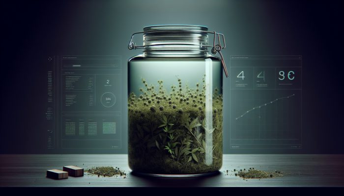 Glass jar with chopped herbs in alcohol, sealed, on a dark shelf, softly lit.