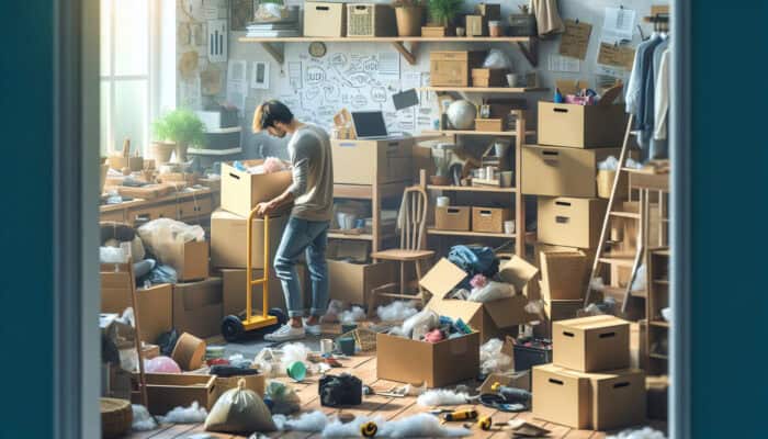 Portsmouth House Clearance: Budget Options: Person sorting household items in cluttered room using budget-friendly tools for cost-effective home clearance.
