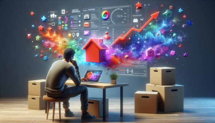 A person comparing rental services on a laptop, with moving boxes in the background.