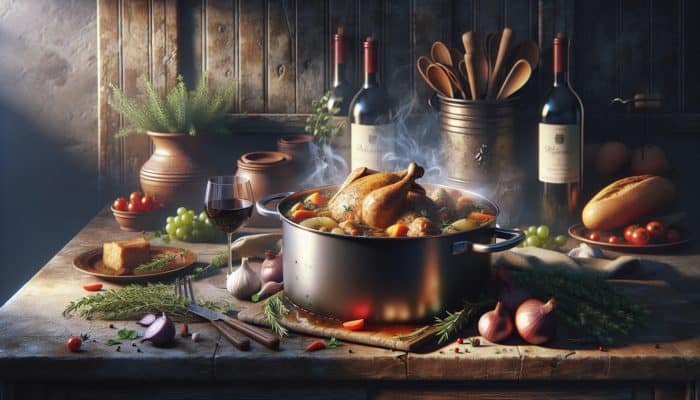 A simmering pot of coq au vin with tender chicken, wine, and herbs in a cozy French kitchen.