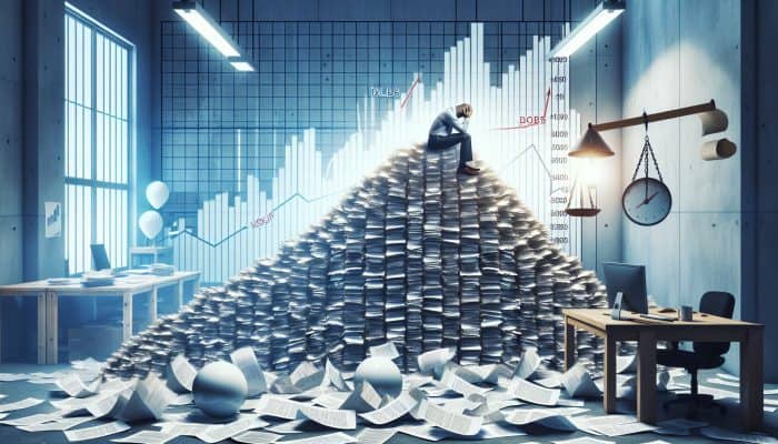 How Rising Rates Affect Debt Consolidation: A Guide | DCL Person overwhelmed by rising debt, surrounded by bills and a soaring DTI ratio graph in a cluttered office.