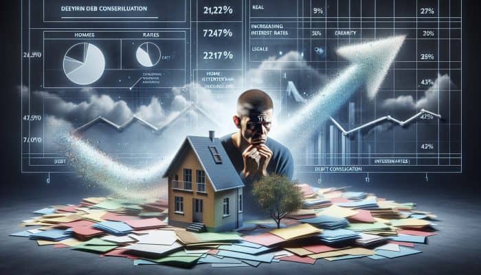 How Rising Rates Affect Debt Consolidation: A Guide | DCL UK homeowner worriedly views shrinking home equity amidst rising interest rates, with debt consolidation documents scattered around.