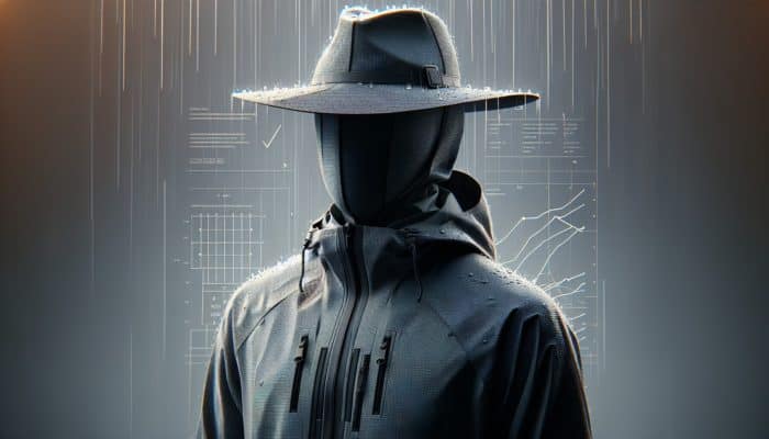 A person in a stylish wide-brimmed nylon hat and waterproof jacket with hood, in light rain, keeping hairstyle intact.