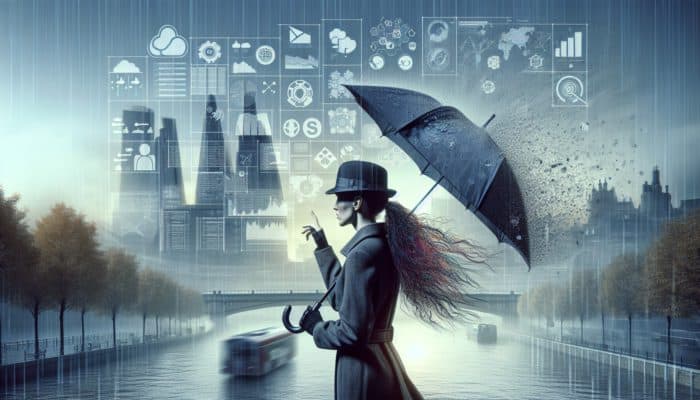 A person in the UK using an umbrella and a waterproof hat to protect their hair from rain in a misty, urban setting.