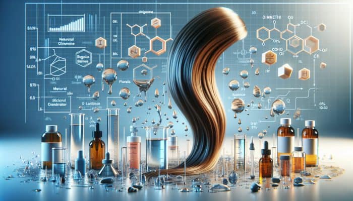 A scientific setup displaying water-repellent hair products with dimethicone, silicones, argan, and coconut oils enhancing hair's shine and hydration.