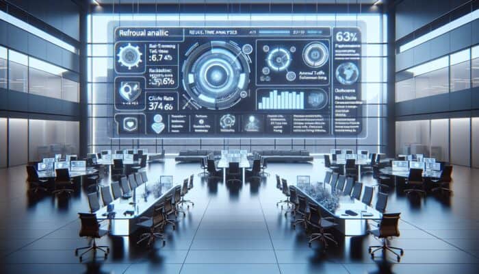 A futuristic dashboard showing real-time forum link analytics in a modern office.