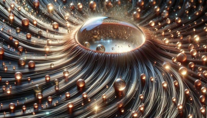 A close-up of a moist hair shaft with water droplets, surrounded by vibrant, healthy hair strands.