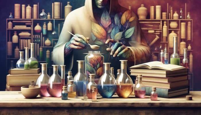 Apothecary scene with labeled herbal elixirs, person measuring infusion, surrounded by safety and regulation books.