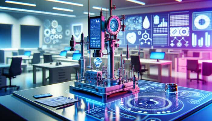 Modern backflow testing device equipped with intelligent sensors and wireless connectivity in a state-of-the-art laboratory, enhancing water safety.
