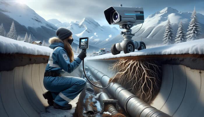 A sewer inspector in Whistler uses CCTV to inspect pipes with root intrusions in a snowy landscape.