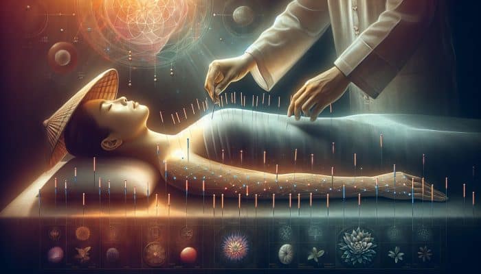 A serene acupuncture session targeting digestive health issues like IBS, acid reflux, and constipation.