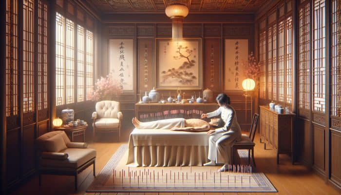 Acupuncture session enhancing digestive health with needles on abdomen, in a tranquil room with traditional Chinese decor.